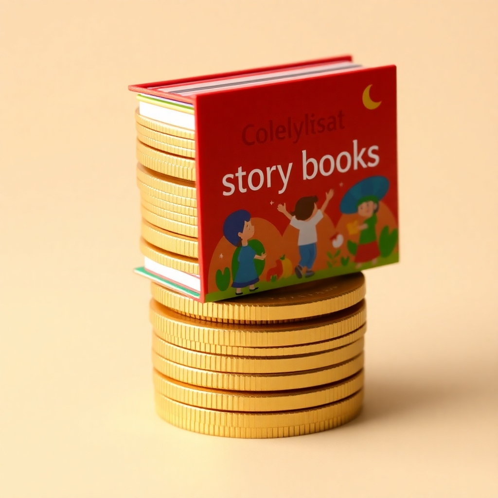 A stack of virtual coins morphing into a vibrant, engaging children's storybook. The coins represent the investment, and the book symbolizes the potential return. Soft, diffused lighting. Warm color palette. 4K resolution.