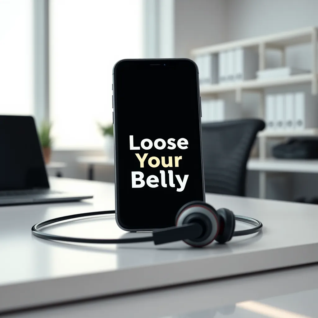 A still life composition featuring a smartphone with headphones plugged in, resting on a sleek, modern desk in a minimalistic office environment. The smartphone screen displays the 'Loose Your Belly' logo in a bold font. The background is clean and organized, with soft natural light illuminating the scene.  The composition should focus on the smartphone and headphones, suggesting a sense of convenience and accessibility for learning on the move. The overall style should be professional, minimalist, and clean, with a high-resolution, ultra-detailed finish.