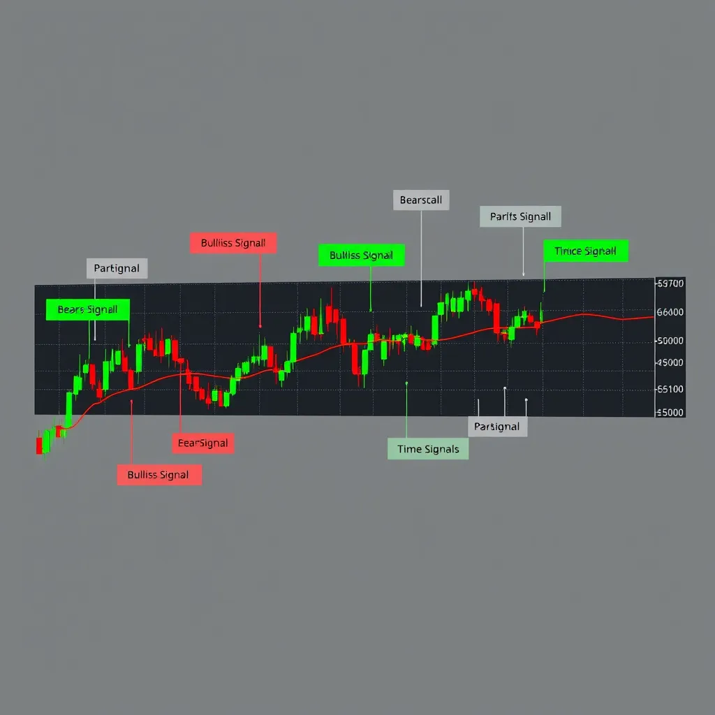 A stock chart with multiple time-based indicators overlayed on the price action. The chart should be visually appealing, with clear labels for each indicator. The indicators should be color-coded for easy identification, with green indicating bullish signals and red indicating bearish signals. The background should be a neutral gray.