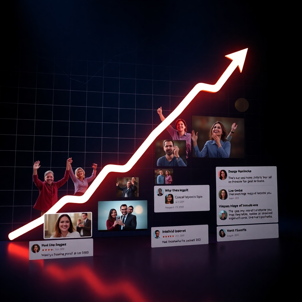 A stylish graph depicting exponential growth, overlaid with images of happy customers celebrating financial success alongside screenshots of videos created with Intellivid AI Studio and examples of positive customer reviews. The overall scene should highlight profit and financial success.