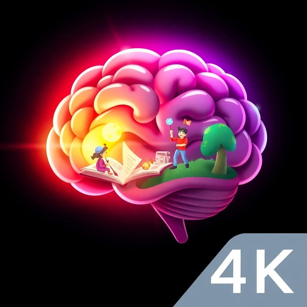 A stylized brain icon processing information and transforming it into a vibrant, children's storybook scene. The brain represents the AI. Bright, colorful lighting. 4K resolution.