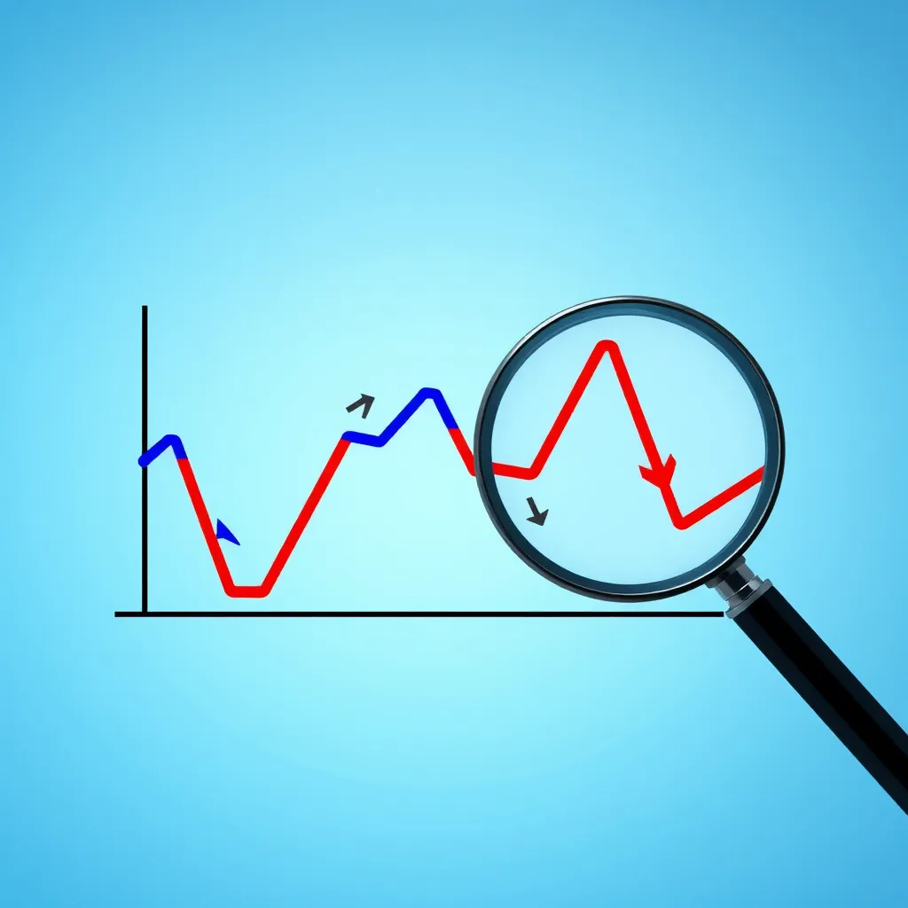 A stylized chart showing a repeating wave pattern, with a blue line highlighting the upward trend, a red line highlighting the downward trend, and arrows indicating the start and end of each cycle. The background should be a light blue gradient representing the dynamic market. The chart should be accompanied by a magnifying glass focused on a specific cycle, symbolizing analysis of patterns.