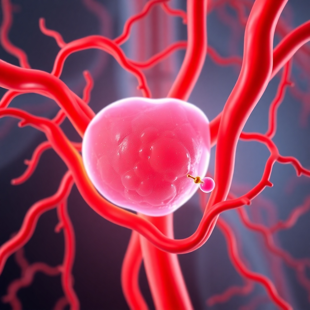 A stylized illustration depicting a healthy prostate gland surrounded by blood vessels. The blood vessels are brightly colored, indicating strong blood flow. The image should include a small molecule representing nitric oxide near the blood vessels.