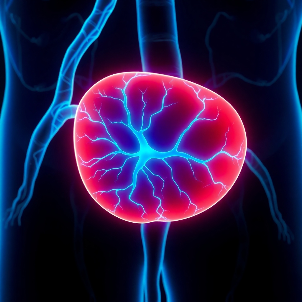 A stylized illustration depicting a healthy prostate with glowing blue veins representing enhanced blood flow. The image should have a modern and clean design with a focus on the prostate and its surrounding area.