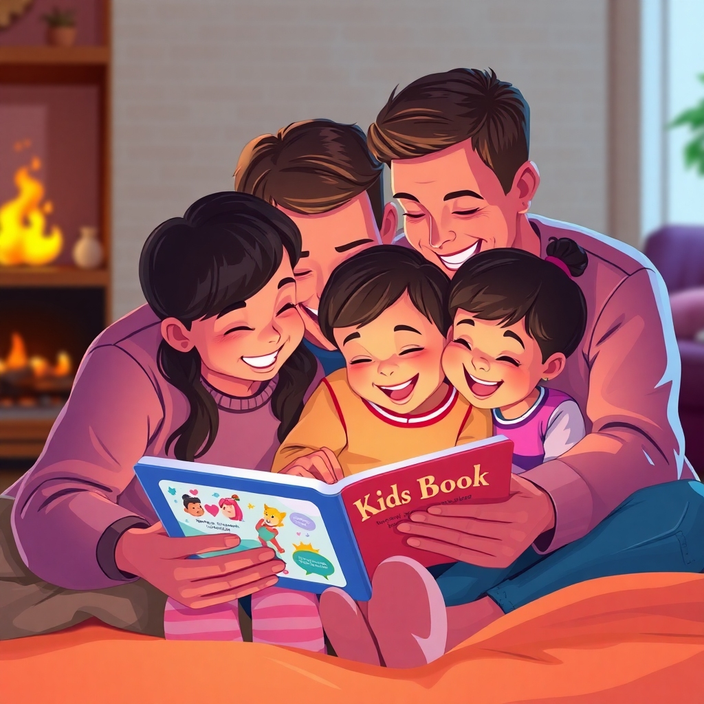 A stylized illustration depicting a family huddled around a tablet, enjoying a talking kids book. The tablet should be displaying vibrant animations and interactive elements, capturing the child's fascination with the story. The family should be smiling and laughing, showcasing the joy and connection brought by the talking kids book. The image should be rendered in a vibrant and colorful style, with a warm color palette that evokes a sense of family and togetherness. The background should be a blurred representation of a cozy living room, with a fireplace crackling in the background. The overall mood should be one of happiness, connection, and the positive impact of engaging storytelling.
