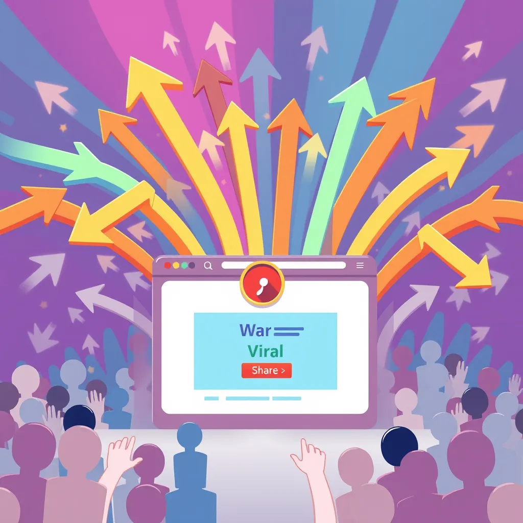 A stylized illustration depicting a website with a large number of visitors coming from multiple directions, represented by arrows. The arrows converge on the website, which is adorned with a 'viral' icon and a 'share' button. The background should be a vibrant, dynamic design to symbolize the energy and momentum of viral traffic.