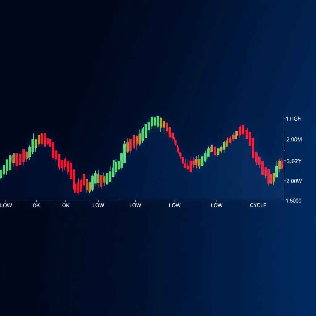 A stylized illustration of a stock chart with a repeating wave pattern overlaid on it. The wave pattern should be highlighted with a vibrant color, symbolizing the cyclical nature of market movements.  The background should be a dark blue gradient, representing the financial market.  The chart should be labeled with terms like "High", "Low", and "Cycle".  Use a clean and modern design aesthetic with a focus on clarity and visual impact.