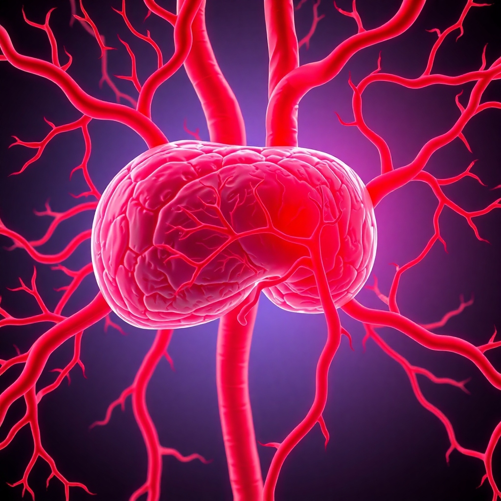 A stylized illustration showing a healthy prostate gland with vibrant red blood vessels flowing around it. The image should be visually appealing and emphasize the connection between nitric oxide and prostate health.