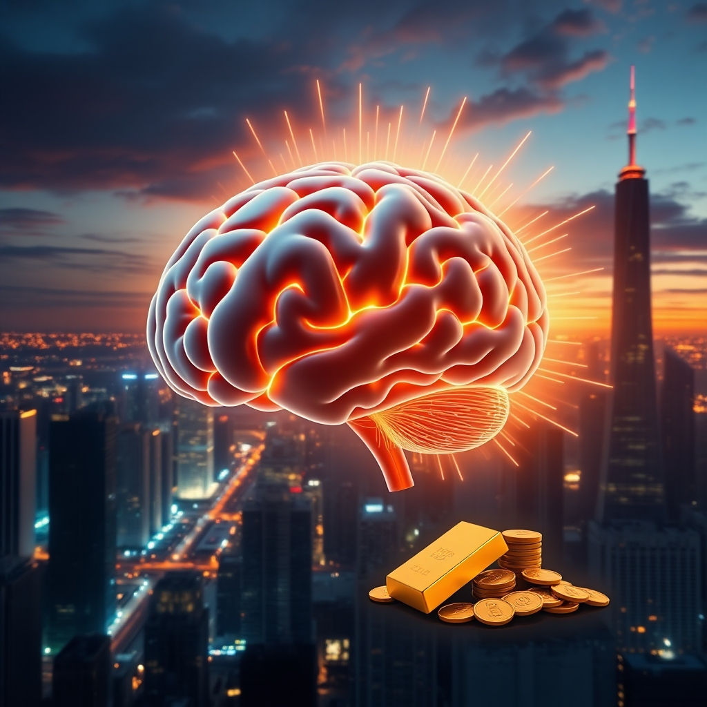 A stylized image of a brain with glowing theta waves emanating from it, superimposed over a cityscape with symbols of wealth like gold bars, coins, and skyscrapers in the background. The overall tone should be calming and suggestive of subconscious influence.