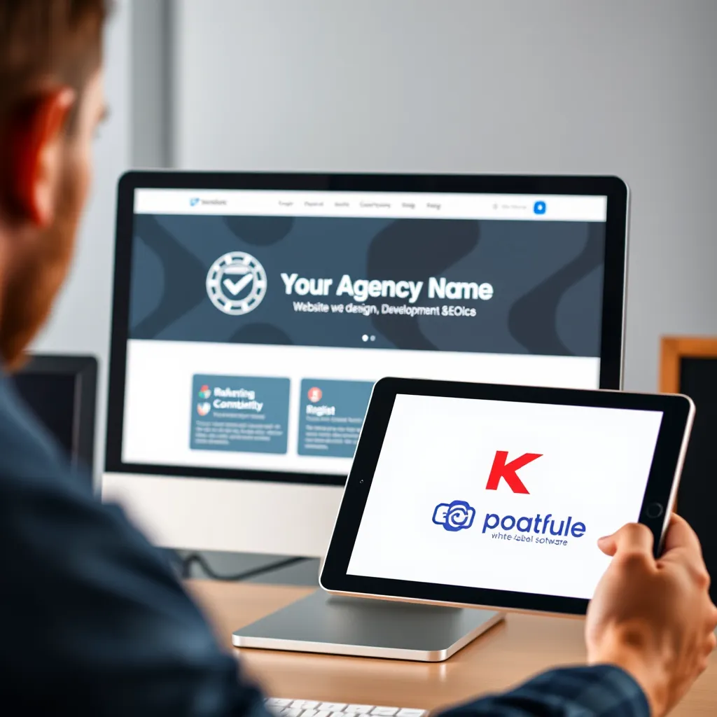 A stylized image of a computer screen showcasing a website with a user-friendly interface. The website has a logo with a company name that says 'Your Agency Name'. The website is displaying various services related to website design, development, and SEO. In the background, a person is holding a tablet with a logo of a popular white-label software company.