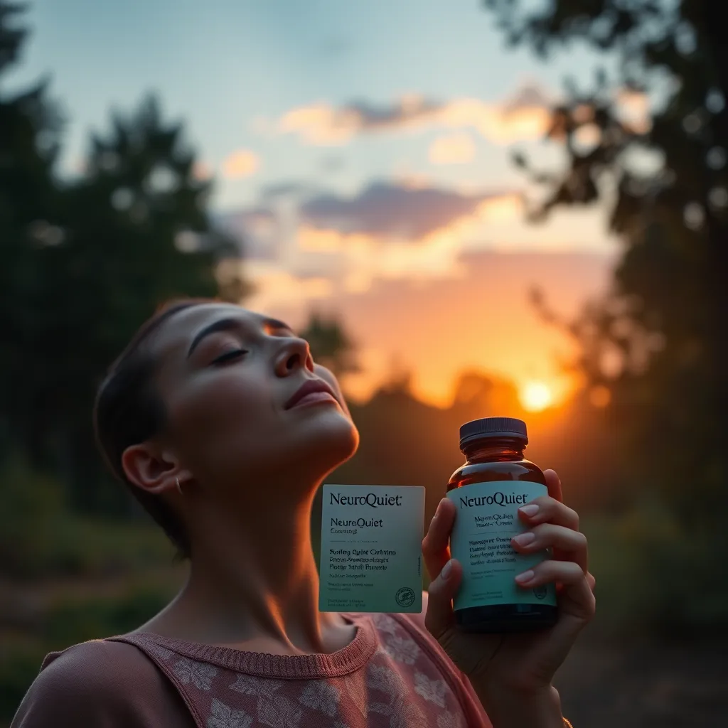 A stylized image of a person feeling calm and relaxed, with a serene background like a peaceful forest or a sunrise. The person should be holding a bottle of NeuroQuiet, symbolizing the product's contribution to a holistic approach to well-being.
