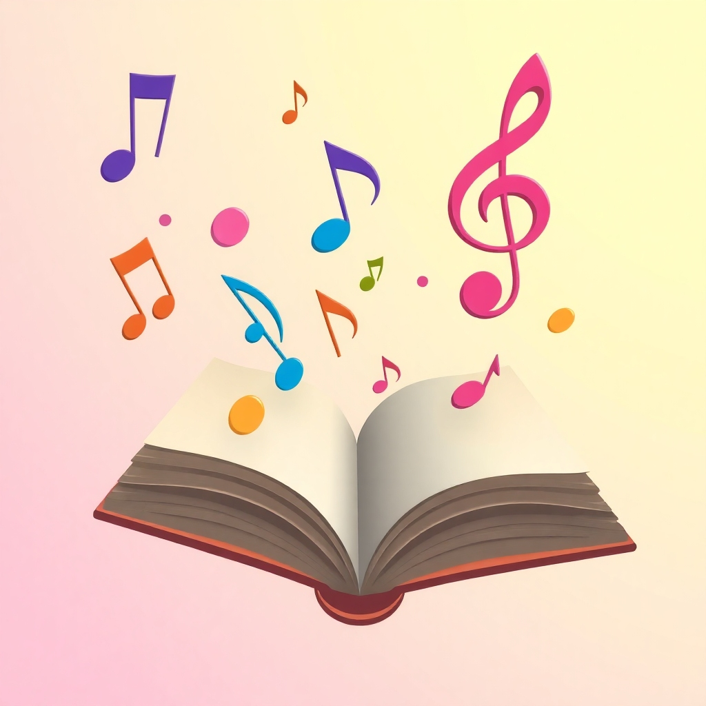 A stylized image of musical notes floating in the air, forming the shape of a book. The notes are vibrant and colorful, representing the rhythm and melody of rhymes and poetry. The background is a soft, pastel color gradient.