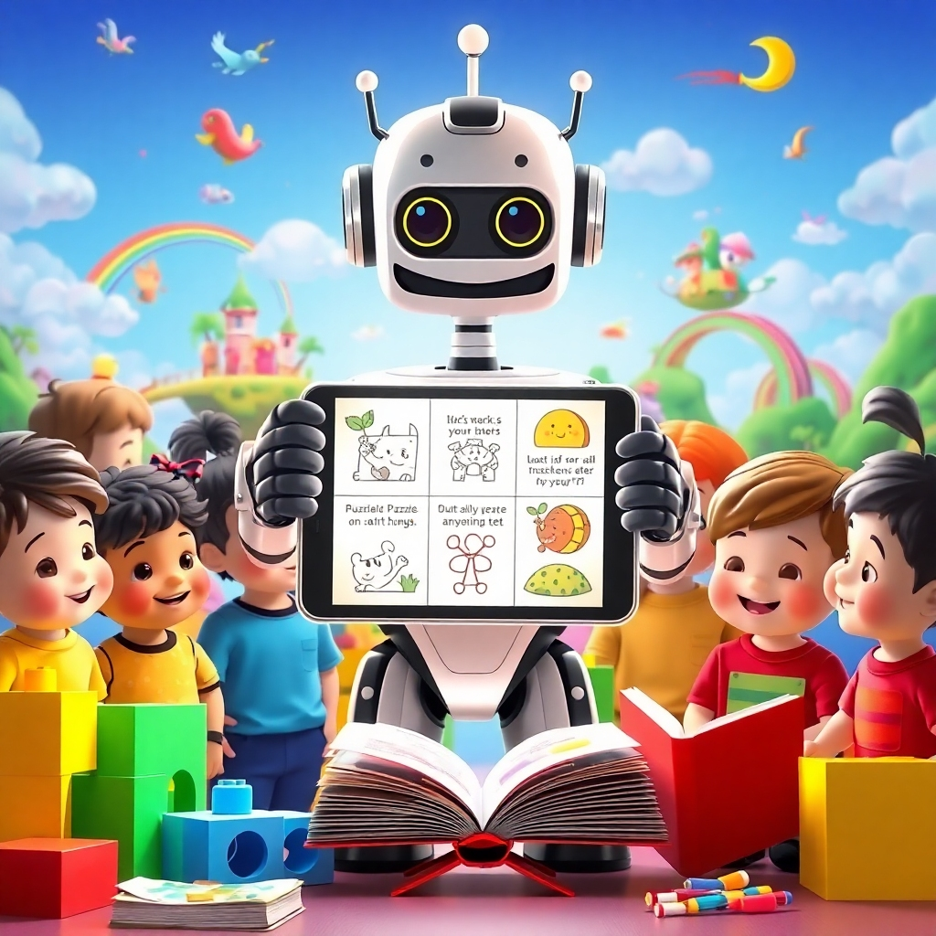 A stylized image representing the core concept of Kids Book AI. The scene depicts a friendly robot character (not menacing) holding a tablet displaying various children's book illustrations, puzzle designs, and rhyming text. The robot is surrounded by a group of diverse children, each looking at the tablet with expressions of wonder and excitement. The background features a whimsical landscape with floating islands, rainbow bridges, and friendly creatures, all rendered in a vibrant, cartoonish style. The lighting is bright and cheerful, with a soft, diffused glow illuminating the scene. Color palette is bold and playful, with a mix of primary and secondary colors. Camera angle is a medium shot, capturing the interaction between the robot and the children. Texture details are smooth and clean, with a focus on creating a visually appealing and engaging image. Props include colorful building blocks, art supplies, and open books. Style reference: Pixar-esque animation style, emphasizing cuteness and charm. 4K resolution, high quality.