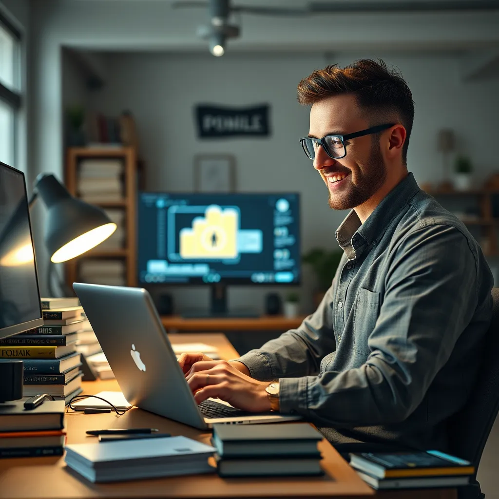 A successful entrepreneur working on a laptop in a well-lit office, surrounded by stacks of books and digital devices, with a background of a digital product being downloaded onto a computer screen