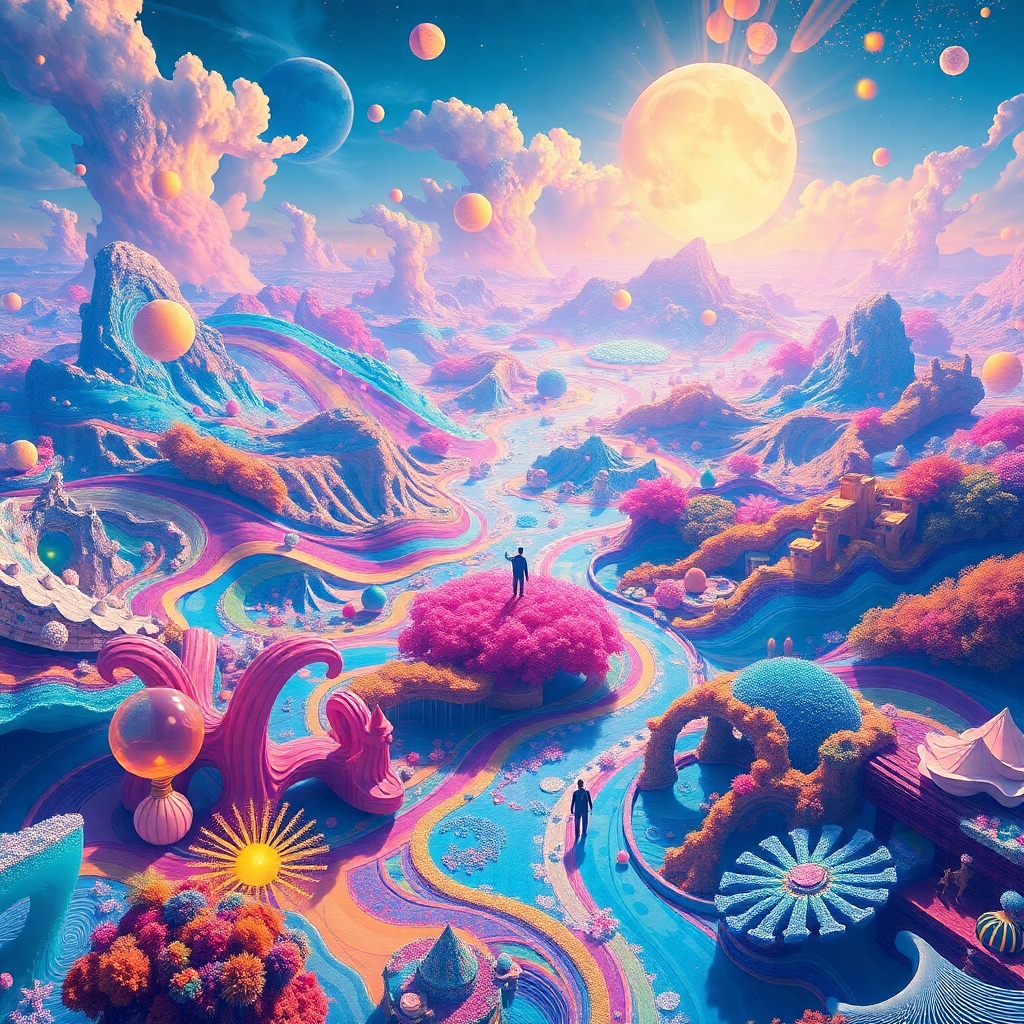 A surreal, vibrant image depicting a boundless landscape of colorful, diverse designs and artwork, all seamlessly interconnected and flowing.  A single person stands in the center, small in scale, surrounded by this vast, creative expanse, symbolizing limitless potential.