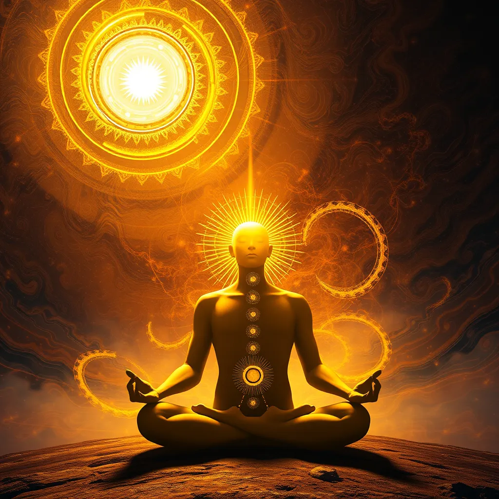 A surreal and abstract image depicting a person meditating with a bright, golden light emanating from their head, symbolizing the activation of the pineal gland. The background should be filled with swirling, colorful patterns representing unlocked potential and heightened consciousness.