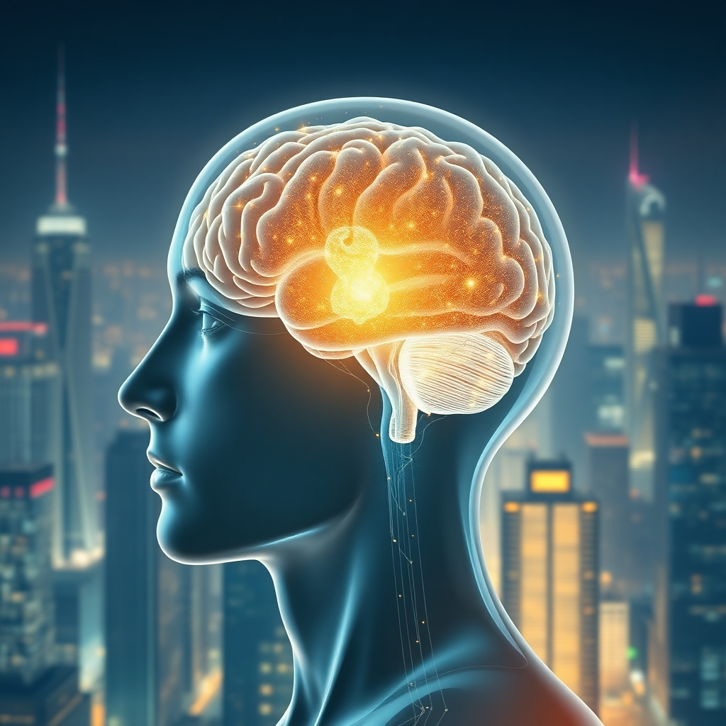 A surreal image of a person with a transparent head, revealing their brain. The hippocampus is shown glowing brightly, surrounded by shimmering gold dust representing positive financial thoughts and beliefs. The background displays a vibrant cityscape with towering buildings, symbolizing financial success and opportunity.