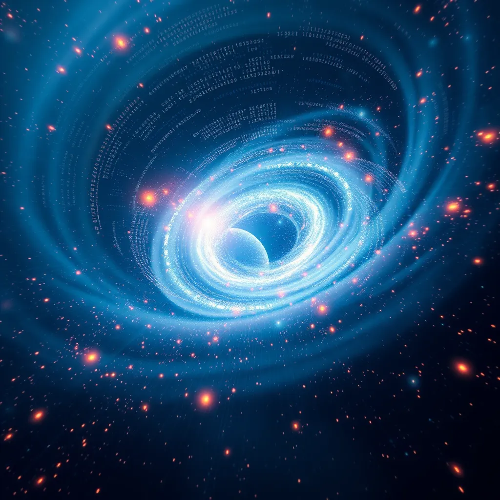 A swirling nebula of data and code, representing the constant evolution and expansion of AI Universee, with new AI models emerging and connecting to create a powerful network of artificial intelligence.