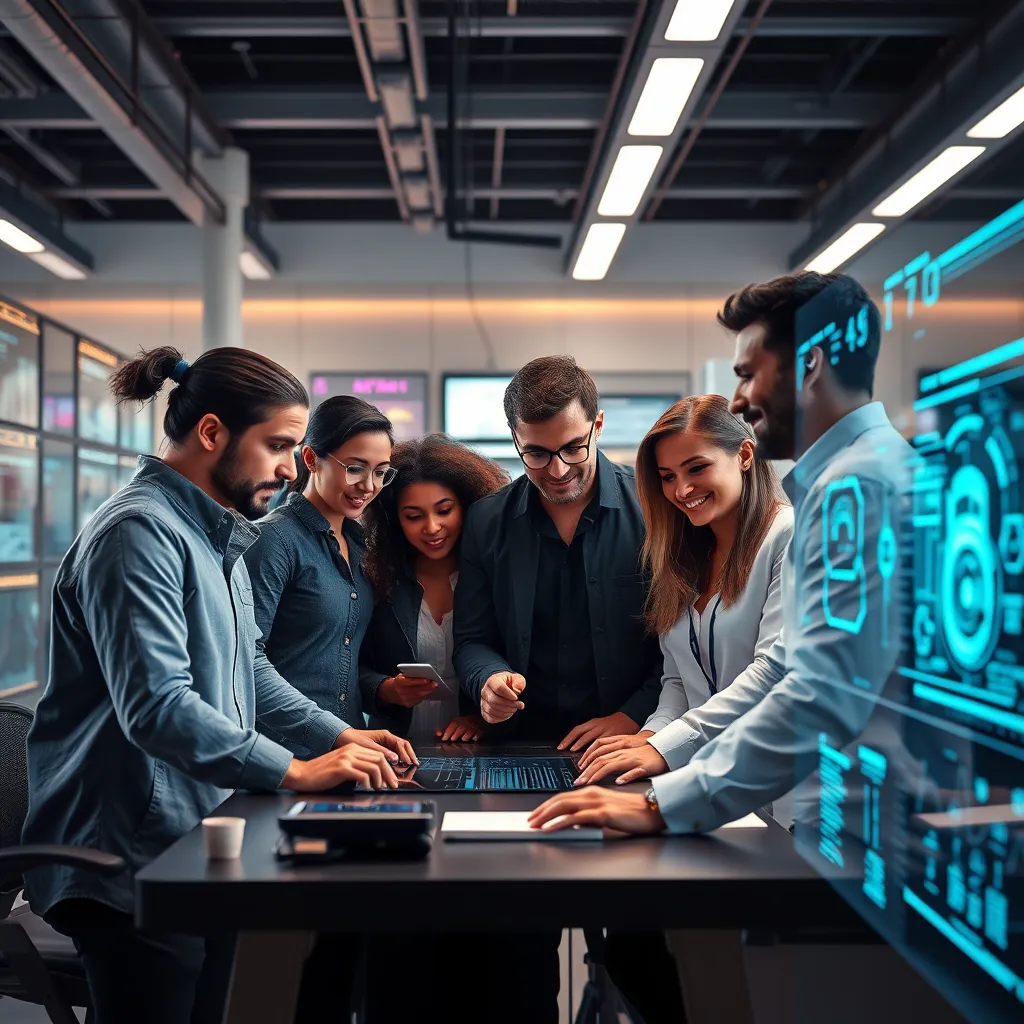 A team of diverse, highly skilled AI engineers and data scientists working collaboratively on a complex project in a modern, high-tech lab. The environment features a futuristic, sleek design with holographic displays showcasing intricate algorithms and data visualizations. The team is focused, engaged, and passionate about their work, showcasing their expertise and dedication to delivering innovative AI solutions. Capture the scene with a dynamic composition, showcasing the synergy between the team members and the advanced technology. Render in ultra-high detail with dramatic lighting that highlights the key elements of the scene, emphasizing the collaborative nature and the power of AI.