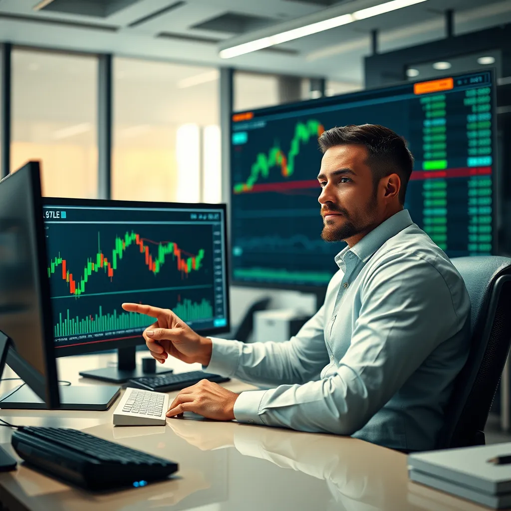 A trader, sitting at a desk with a large monitor displaying a 3.5 trading setup chart with automated markings, is confidently pointing at a specific level. The background should depict a modern, bright trading room environment with a sense of focus and calm.