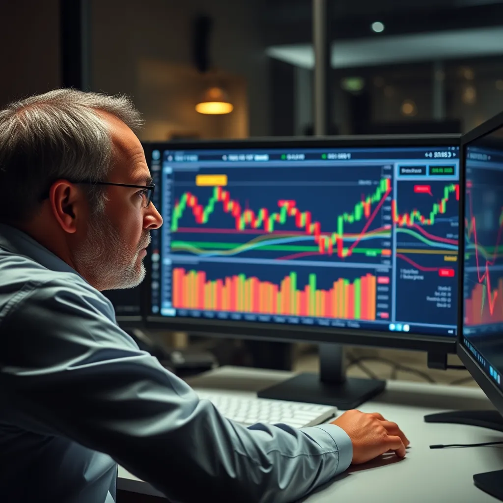 A trader sitting at a computer screen, analyzing charts with highlighted time cycles. The chart should show price movements with potential trend reversals and entry/exit points marked based on the identified cycles. The trader should be looking intently at the screen with a thoughtful expression.