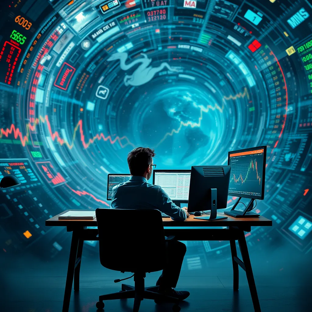 A trader sitting at a desk, calmly analyzing charts and data, while a swirling vortex of emotions and market indicators surrounds them, representing the power of disciplined trading in the face of market chaos.