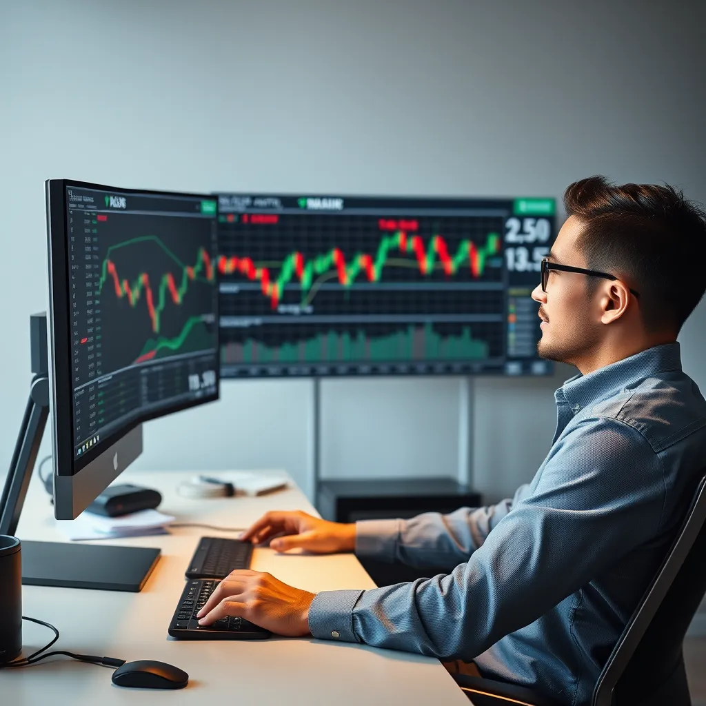  A trader sitting at a desk, confidently looking at a screen displaying a 3.5 trading setup with automated marking. They are comfortably reviewing the key levels and market indicators, demonstrating their ability to focus on strategizing and trading. The background should be a minimalist, professional trading room with an emphasis on the trader's relaxed and focused posture.