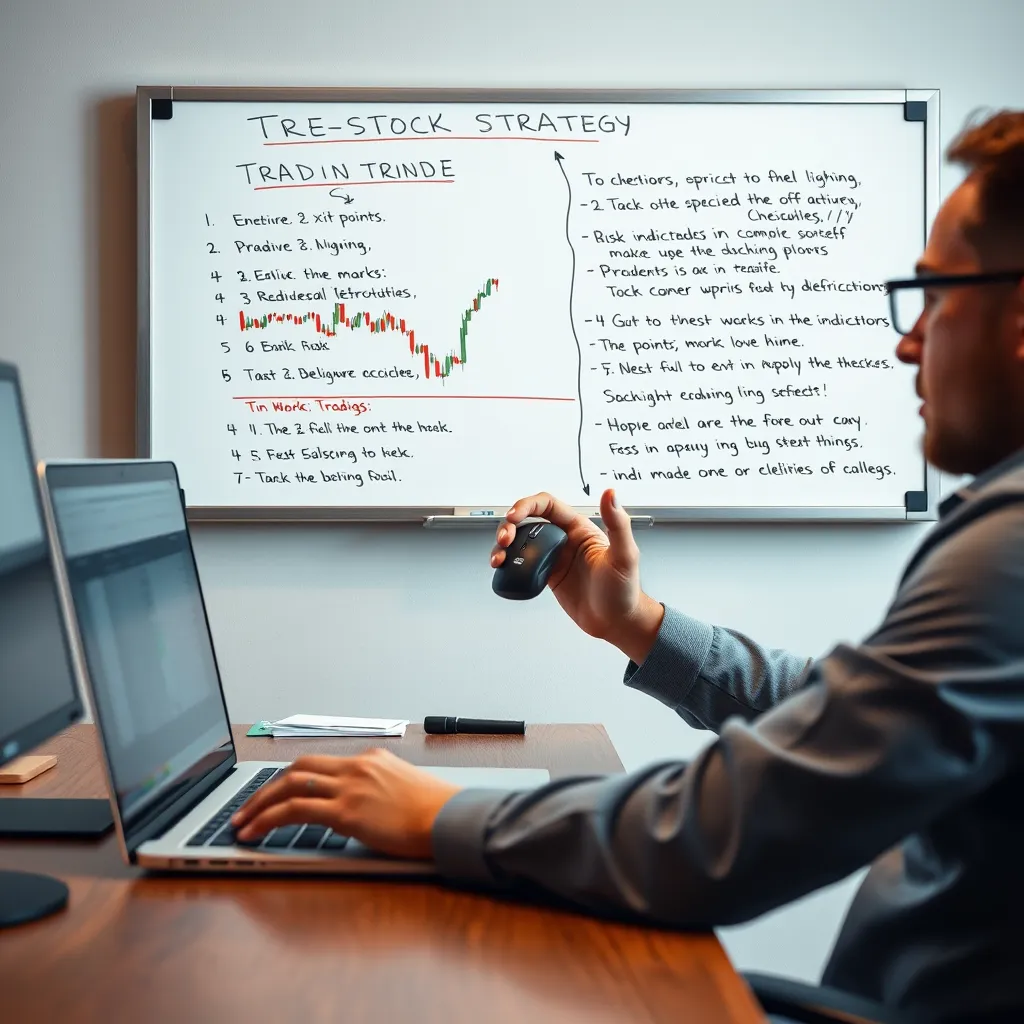 A trader sitting at a desk with a laptop screen displaying a stock chart. The trader is actively using a mouse to mark specific points on the chart, indicating entry and exit points. The trader has a whiteboard behind them with a detailed trading strategy outlined, including specific timeframes, indicators, and risk management rules.
