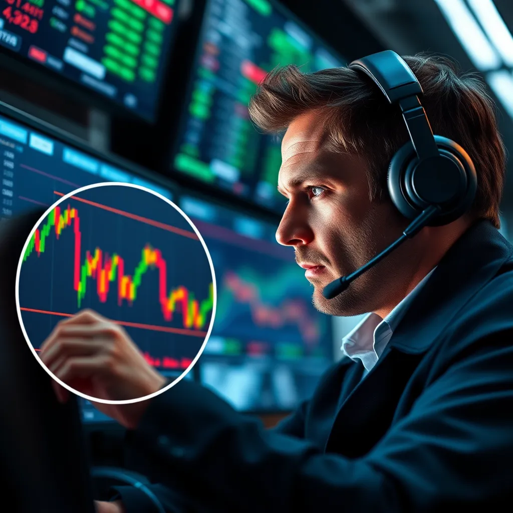 A trader with a headset on, rapidly executing trades on a computer screen, with a zoomed-in view of a stock chart showing rapid price fluctuations. The background should be a fast-paced trading environment with multiple monitors displaying live market data. The trader should have an intense and focused expression, conveying the rapid nature of scalping.
