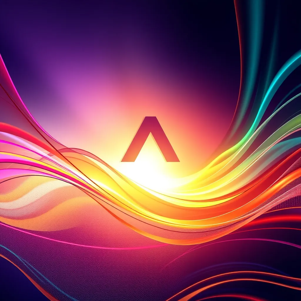 A vibrant, abstract background with flowing lines and shapes, seamlessly merging with a modern logo and captivating imagery, illustrating the power of AI-generated visuals. The image should evoke a sense of creativity, innovation, and visual impact.