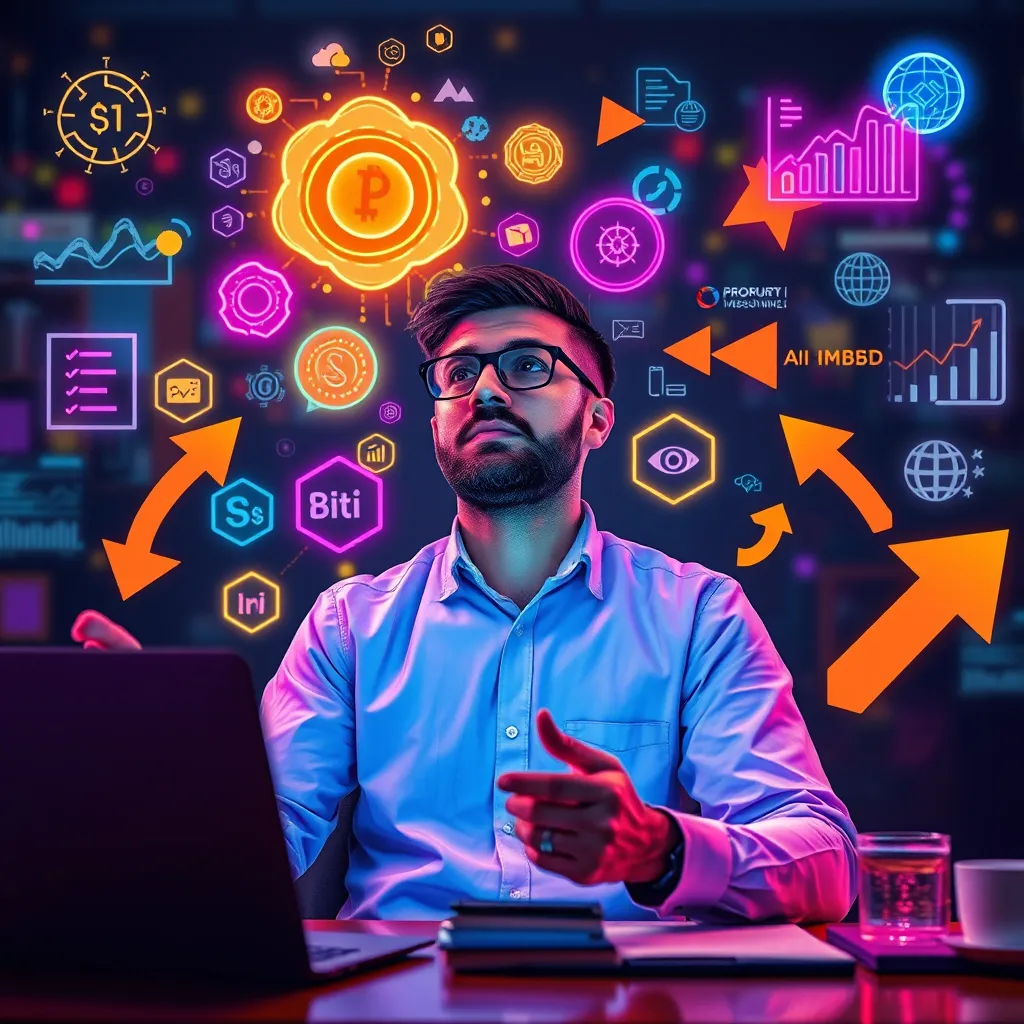 A vibrant, colorful image depicting a business owner brainstorming ideas, surrounded by digital elements representing AI-powered tools. Arrows point towards the expanding business, showcasing growth in revenue, customer base, and online reach.