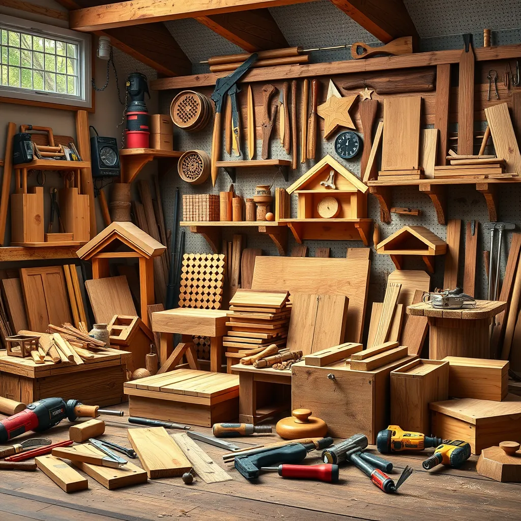 A vibrant, colorful image showcasing a variety of woodworking projects, ranging from simple to complex, with tools and materials scattered around them. The image should convey a sense of excitement and possibility for woodworking enthusiasts.