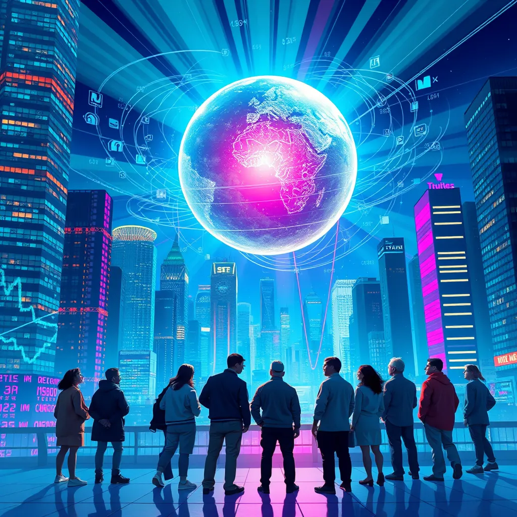 A vibrant, illustrative image of a cityscape at night, with skyscrapers illuminated in a variety of colors. A large, glowing orb, resembling a planet, floats above the city, projecting rays of light towards a group of people standing below. The people, representing traders, are diverse in age and attire, but all look up in awe and wonder at the orb, which symbolizes the understanding of time cycles. The orb is surrounded by swirling data streams and holographic projections, representing complex market patterns and insights. The colors are predominantly vibrant blues, greens, and purples, creating a futuristic and slightly otherworldly feel. The image should be composed in a dynamic way, with the orb and data streams dominating the composition, while the cityscape and people add a sense of scale and context. The style should be reminiscent of science fiction art, with a strong focus on visual storytelling and the representation of abstract concepts through vivid imagery.