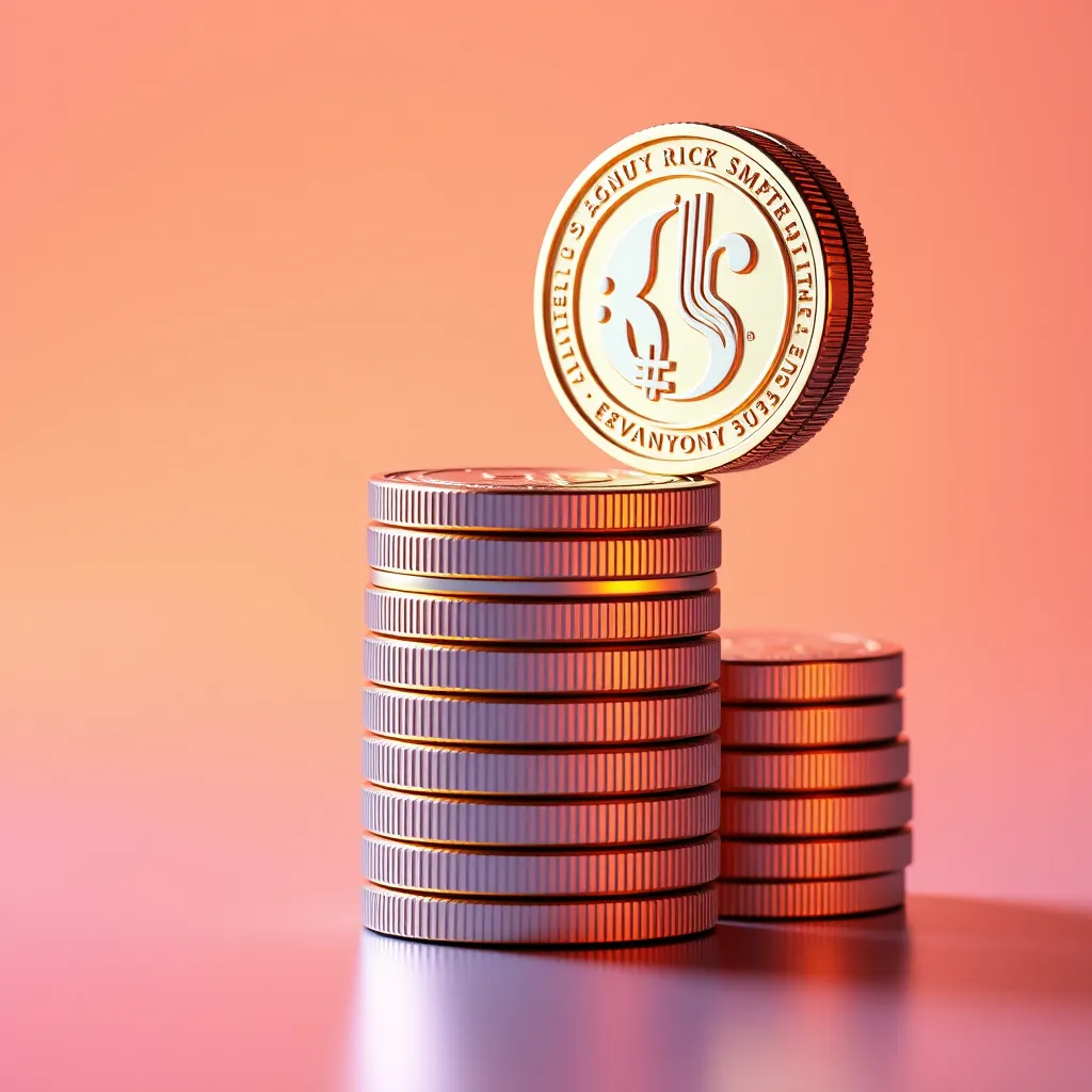  A vibrant, modern illustration depicting three different sized coins, representing low, mid, and high ticket products. The coins are stacked on top of each other, with the largest coin on top, symbolizing earning potential. The background could be a gradient of colors representing growth and financial success.