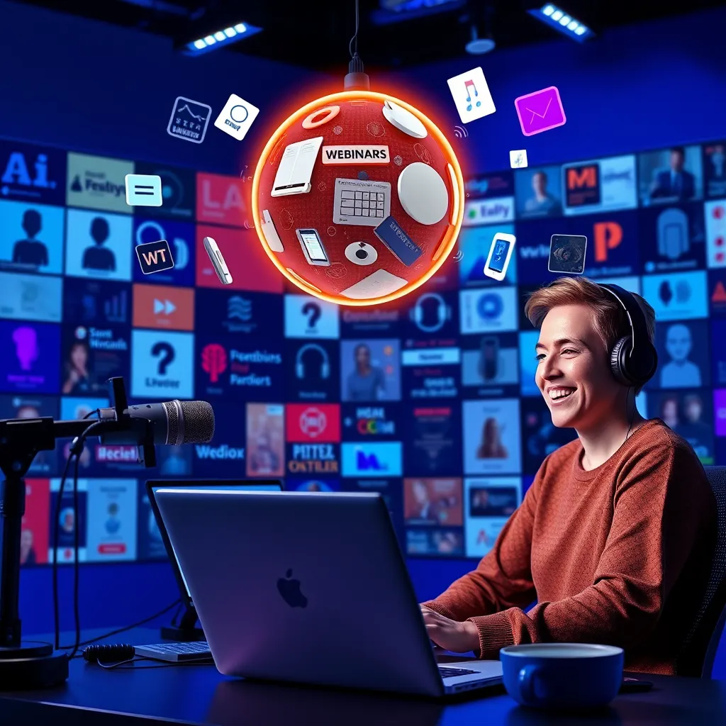 A vibrant, modern studio with a microphone and headphones, a person smiling at a laptop screen, with AI generated voices emanating from a glowing orb floating above them. The background is a dynamic display of various content formats, including podcasts, webinars, and audiobooks, showcasing the wide-reaching applications of AI voice cloning.