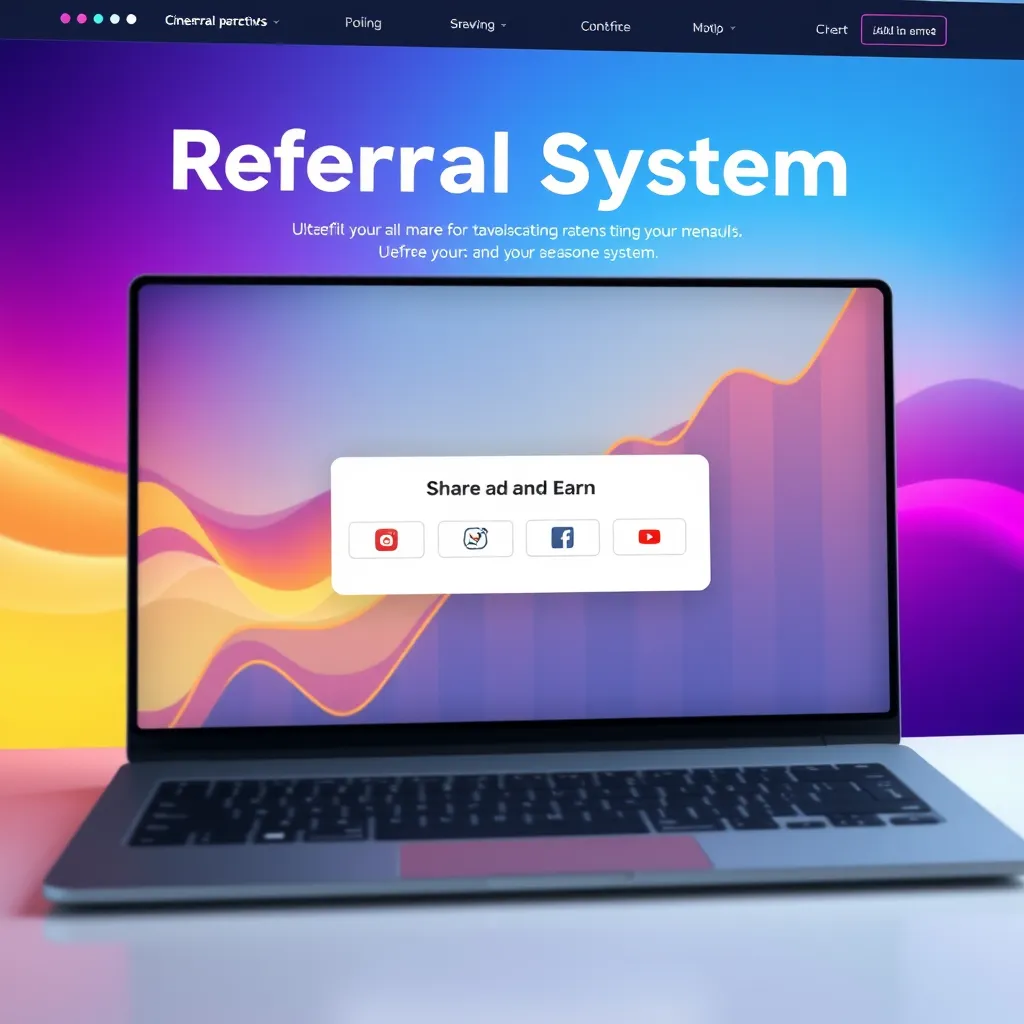 A vibrant, modern website with a referral system interface. A user clicks a 'Share and Earn' button, opening a pop-up with social media sharing options. In the background, a graph shows exponential traffic growth, symbolizing the viral effect of the referral system.
