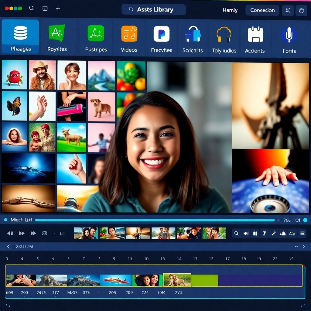 A vibrant, well-organized library interface displaying diverse categories of royalty-free assets, including images, videos, music, and various fonts. A person is smiling while using a video editor with professional-looking results; a watermark indicating commercial use is visible on the final video.