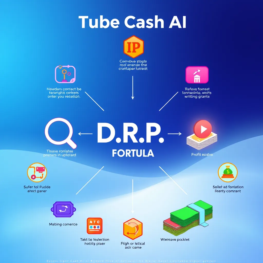 A vibrant and colorful infographic with a central focus on the 'D.R.P' formula.  The formula is presented as a flow chart, illustrating the steps involved: 'Discover' (a magnifying glass icon), 'Re-Upload' (an upload icon), and 'Profit' (a stack of money). The chart is surrounded by diverse icons representing the various tools and resources provided by Tube Cash AI.  The background is a gradient of soft blue and white, creating a clean and professional aesthetic. The image should be rendered in a modern and eye-catching style, with sharp lines and high-quality visuals.