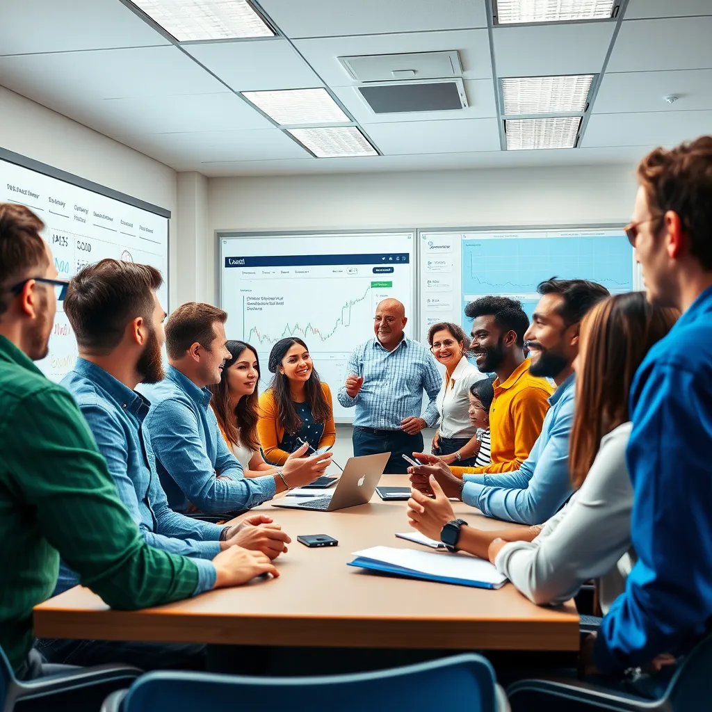 A vibrant and dynamic image of a group of diverse individuals engaged in an interactive trading workshop. The scene should be set in a modern, well-lit classroom with whiteboards filled with financial data and charts. The participants are interacting with a knowledgeable instructor, who is explaining complex trading concepts with enthusiasm and clarity. The image should capture the energy and excitement of learning and collaboration. The color palette should be bright and bold, incorporating blues, greens, and oranges. The camera angle should be slightly elevated, showcasing the group dynamics and the interactive learning environment. The image should be hyperrealistic with sharp details and textures.