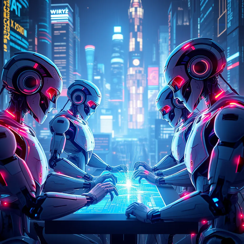 A vibrant and dynamic scene with AI models represented as sleek robots, some humanoid and some abstract, working collaboratively on a complex project. They are surrounded by glowing data streams and complex algorithms, highlighting the speed and efficiency of cutting-edge AI technology. The background should be a futuristic cityscape.