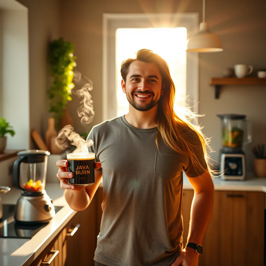 A vibrant and energetic image showcasing the power of JavaBurn. A person, radiating with health and vitality, stands confidently in a modern kitchen, sunlight streaming through a window, casting warm highlights. They hold a steaming cup of JavaBurn coffee, its rich aroma filling the air. In the background, a sleek blender with fresh ingredients suggests a healthy lifestyle. Rendered in a photorealistic style with ultra-high detail and 8K resolution, the image evokes a sense of energy and well-being, highlighting the transformative power of JavaBurn.