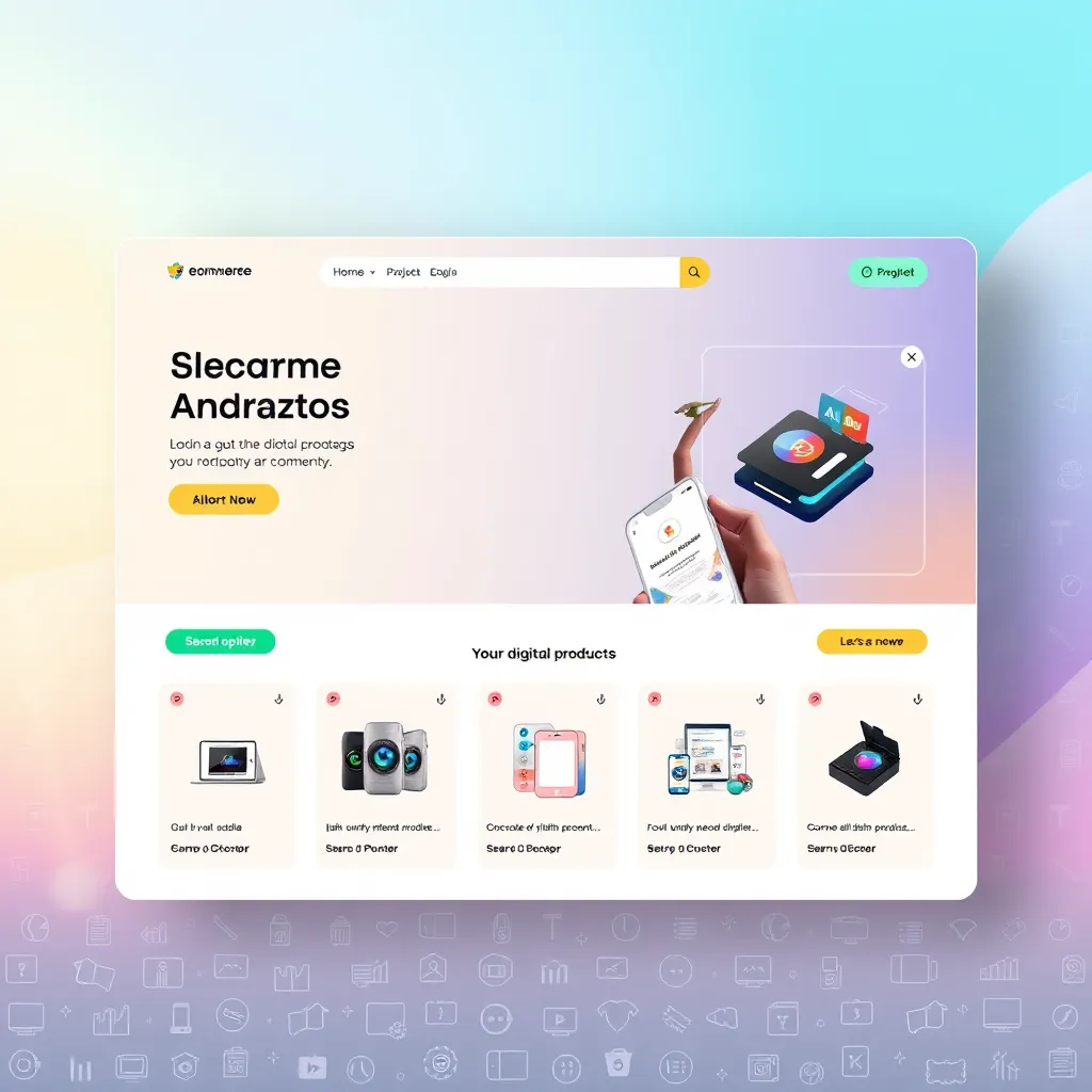 A vibrant and modern e-commerce website showcasing a variety of digital products.  The website features a clear layout with high-quality product images, descriptions, and call-to-action buttons. The background includes a subtle gradient of pastel colors and a graphic pattern of digital icons.