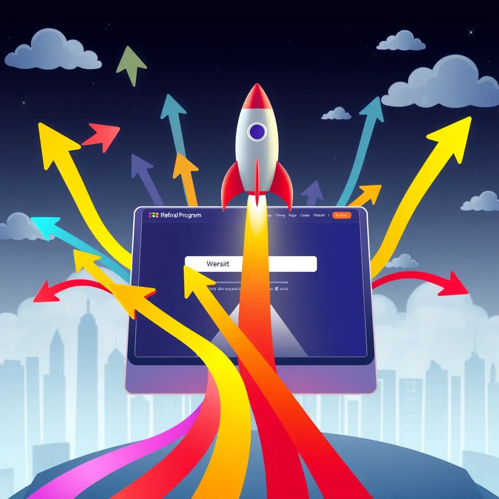 A vibrant illustration of a website with a rocket ship launching from it, surrounded by colorful arrows pointing towards it. The website is displayed on a computer screen with a  'Referral Program' icon.  The background features a stylized city skyline with skyscrapers and clouds in the distance.