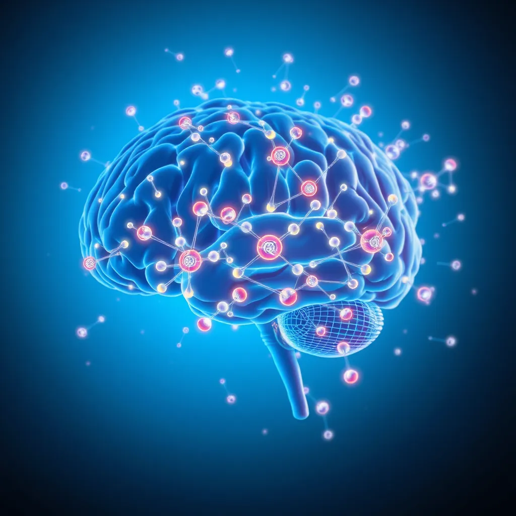 A vibrant image showcasing a human brain with glowing synapses, surrounded by swirling molecules representing Alpha-GPC. The background should be a calming blue gradient, symbolizing enhanced mental clarity.
