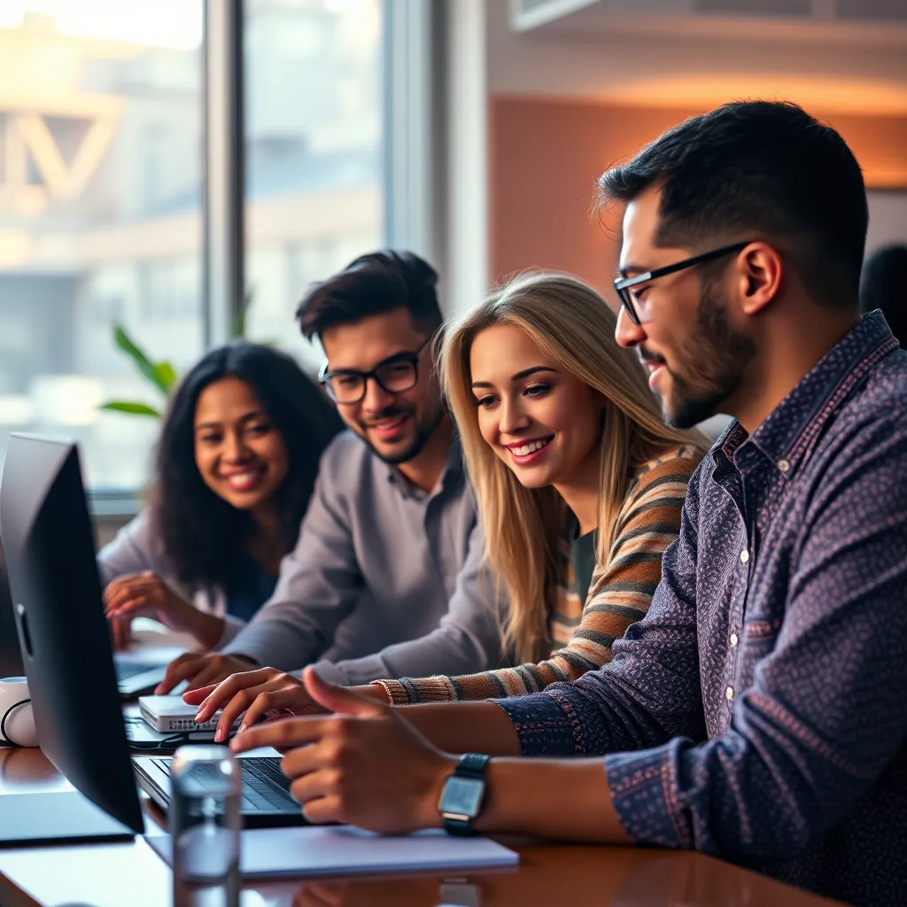 A vibrant marketing campaign with a diverse team collaborating on a project, using AI tools to generate engaging content, showcasing the power of the "3C Tech" in driving successful marketing efforts.