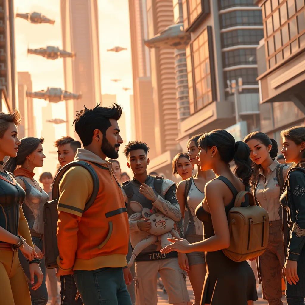 A vibrant scene set in a futuristic city. A group of diverse virtual humans, each with unique, detailed appearances, are interacting with each other, showcasing dynamic movements and realistic facial expressions. The scene is bathed in warm, inviting light, highlighting the intricate details of their clothing and environments. The composition emphasizes the relationships between the characters, conveying a sense of community and connection. The background features towering skyscrapers and flying vehicles, adding a sense of wonder and futuristic technology. Render in 8K resolution with hyperrealistic details, focusing on the fluidity of their movements, the subtle nuances of their facial expressions, and the intricate textures of their clothing and environments. Capture the energy and excitement of the scene, creating an engaging and visually stunning animation.
