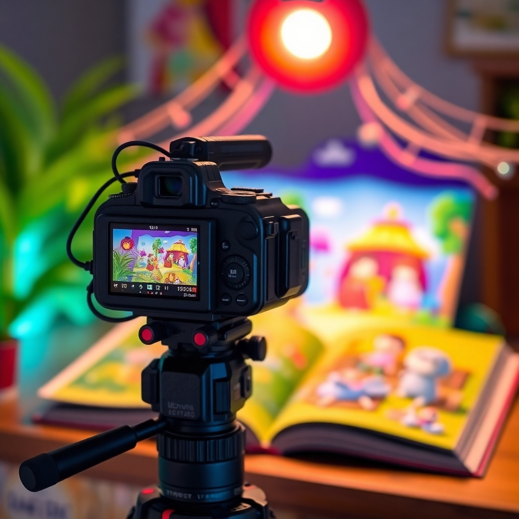 A video camera filming a vibrant, animated scene from a children's storybook. The camera is focused on the book. Bright, colorful lighting. 4K resolution.