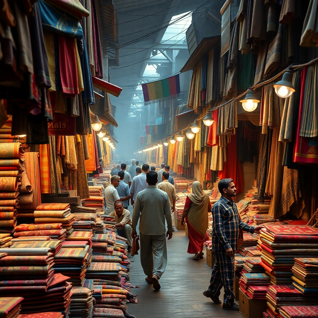 A vintage photograph depicting a bustling textile market in Mumbai, India. The image should showcase a blend of traditional and modern elements, highlighting the historical significance and enduring relevance of the textile industry in the region. Include details such as merchants, traders, and various types of fabrics being displayed and exchanged.