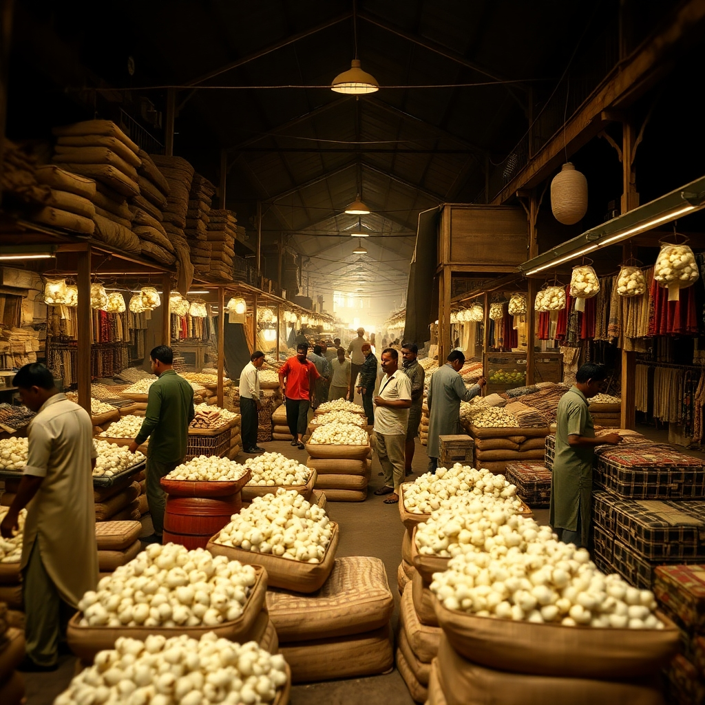 A vintage photograph of a bustling textile market in Mumbai, India, circa 1927. The scene should be filled with bales of cotton, merchants negotiating prices, and a sense of traditional trade and craftsmanship. The image should be in a warm, sepia tone with a slightly blurred effect to evoke a sense of nostalgia.