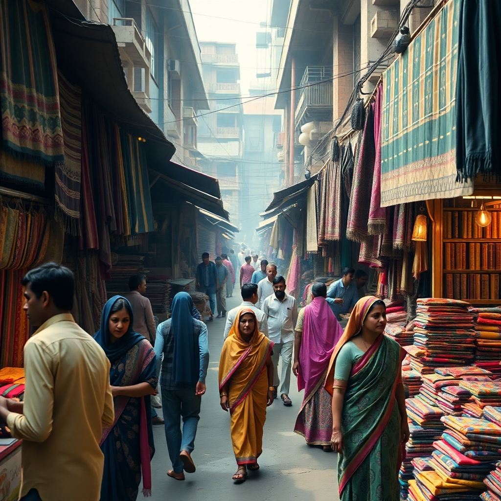 A vintage photograph of a bustling textile market in Mumbai, India, with people in traditional clothing and colorful fabrics displayed on stalls. The image should have a warm, nostalgic feel, highlighting the rich history of textile trade in India.